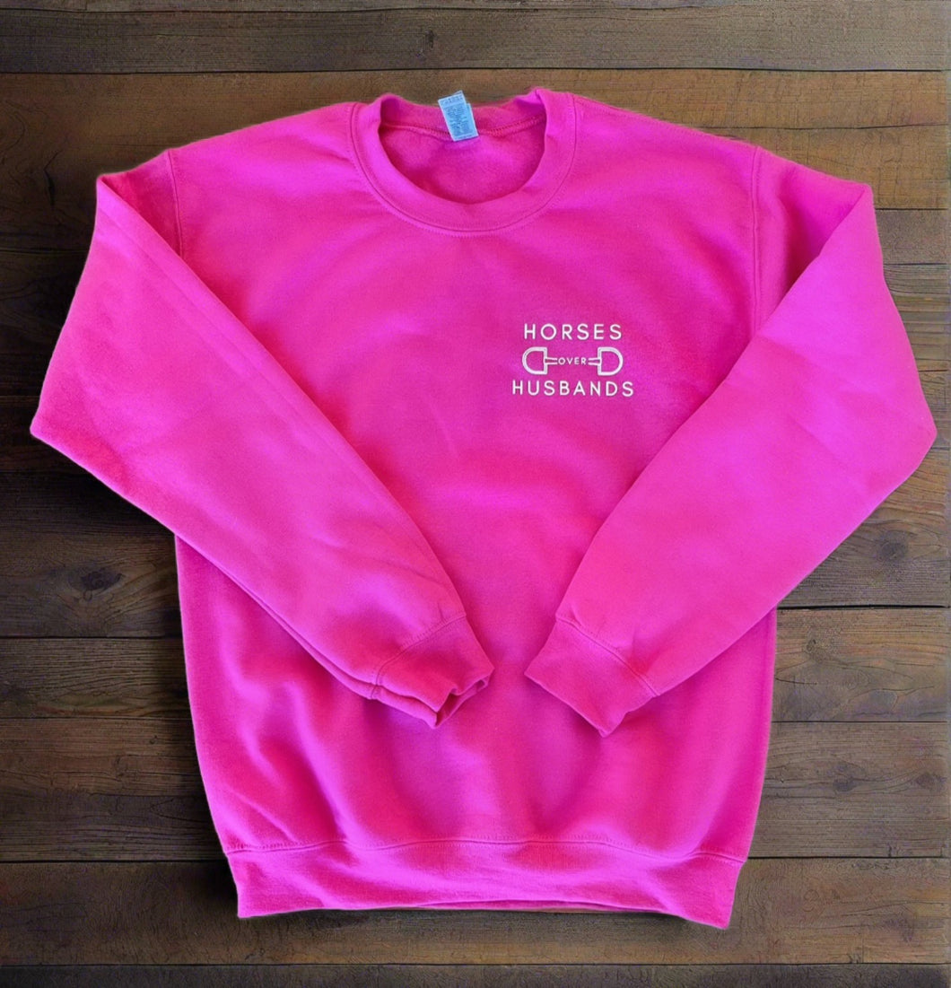 Horses Over Husbands Crewneck - Hot Pink with White : Small Logo